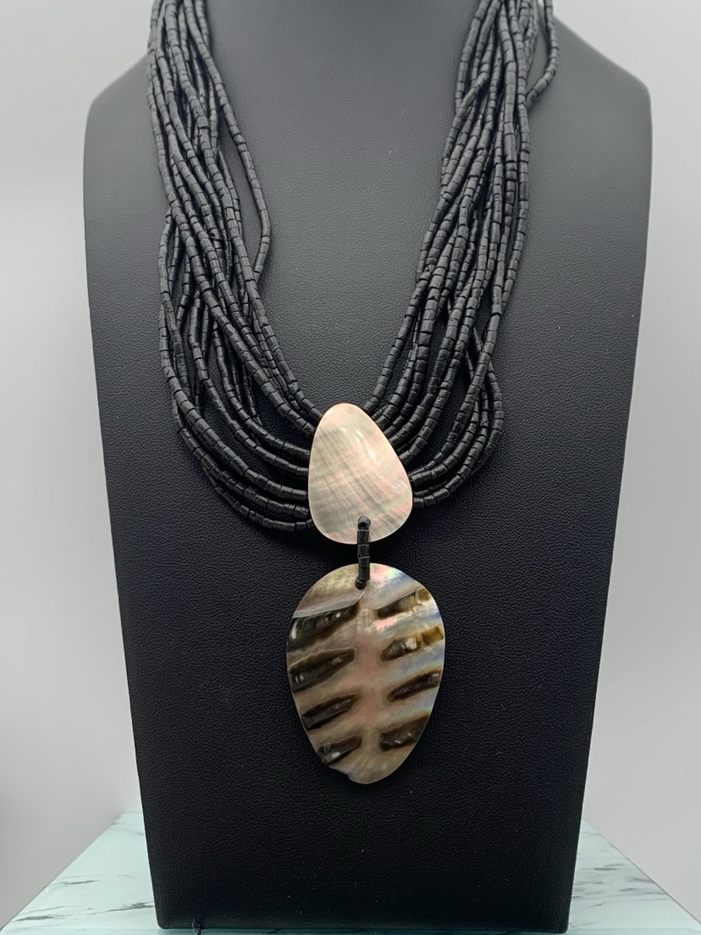 Vintage Black wood Multi-Strand Beaded Necklace with Abalone Pendant 16-17”